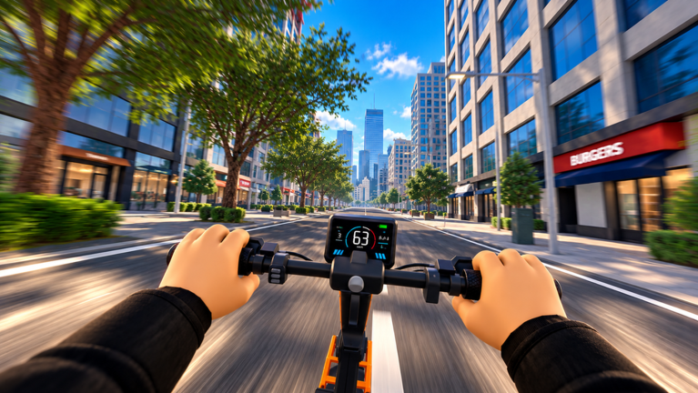 Official Scooter Empire first-person promotional artwork on a city road